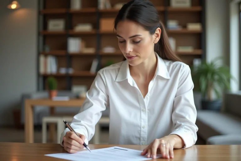 Femme professionnelle signant un devis imprimé dans un bureau moderne