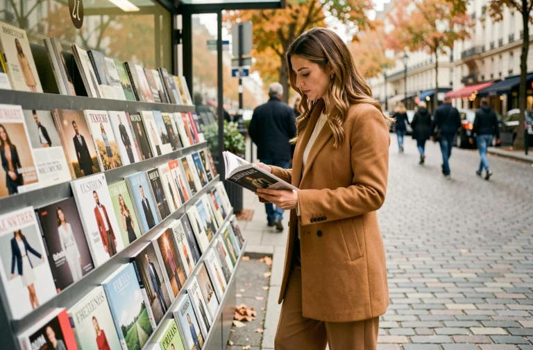 Femme élégante parcourant des magazines de mode et tendances à un kiosque parisien en automne