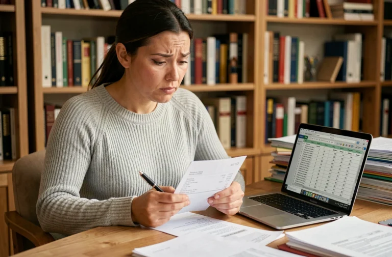 Femme examinant une quittance de loyer avec une expression perplexe à son bureau à domicile