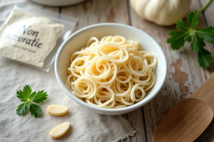 Bol de nouilles de konjac et farine de konjac sur une table en bois pour illustrer les fibres solubles coupe-faim