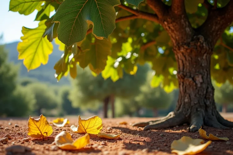 Figuier en jardin méditerranéen avec feuilles jaunissantes et feuilles tombées sur sol sec en terre cuite