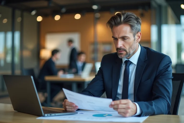 Cadre d'entreprise analysant des documents sur la fiscalité de l'épargne salariale dans un bureau moderne