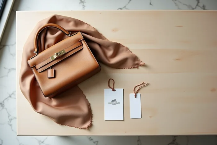 Flat lay d'un sac Hermès Kelly vintage avec foulard soie et certificat d'authenticité sur table en chêne