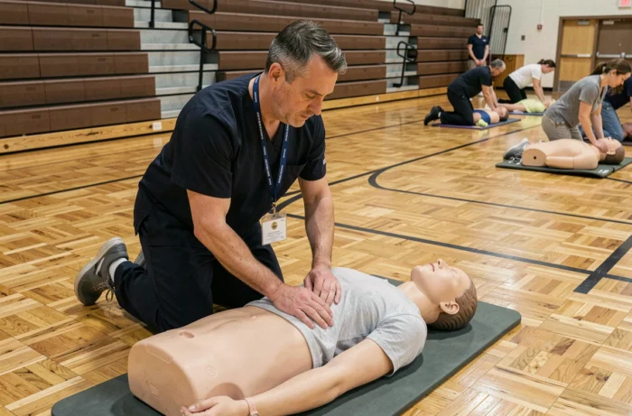 Formateur en secourisme guidant un apprenant lors d'un exercice de massage cardiaque sur mannequin dans une salle de sport communautaire