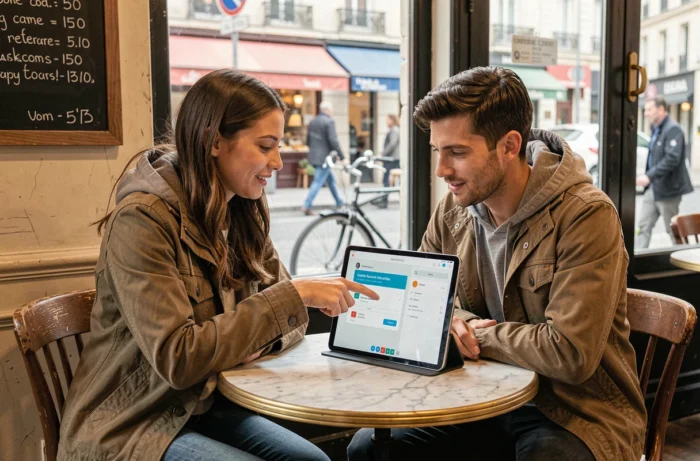 Deux jeunes professionnels parisiens collaborant autour d'une tablette pour se former aux métiers du digital dans un café