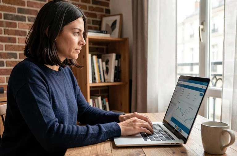 Femme en télétravail se formant aux métiers du digital depuis son appartement parisien avec un laptop