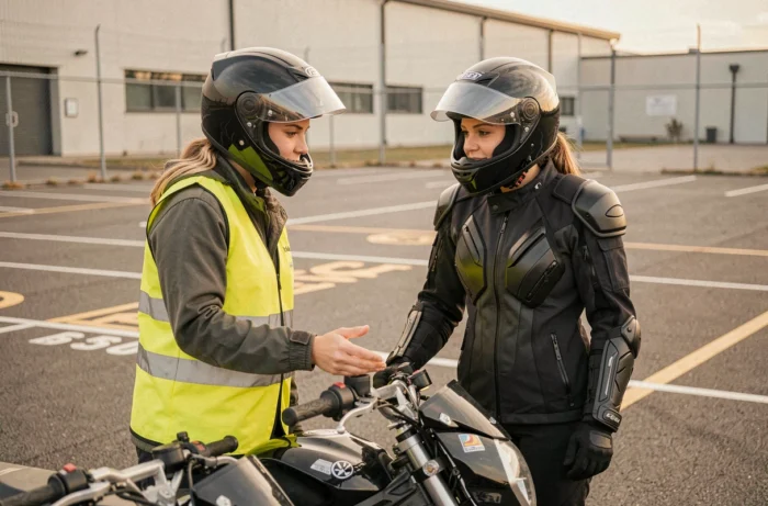 Deux femmes en formation moto dans une école de conduite discutant des commandes d'une moto d'apprentissage