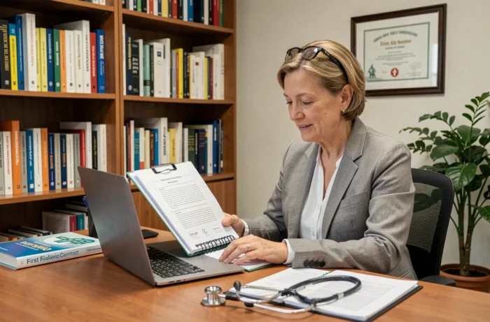 Formatrice en secourisme préparant son programme de certification à son bureau avec des manuels et documents pédagogiques de premiers secours