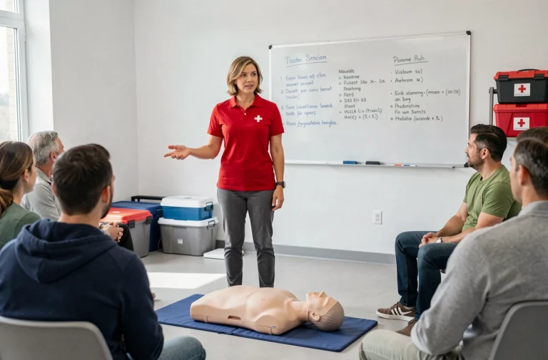 Formatrice en secourisme animant une session de formation pratique avec un mannequin de réanimation devant un groupe d'adultes en salle de formation