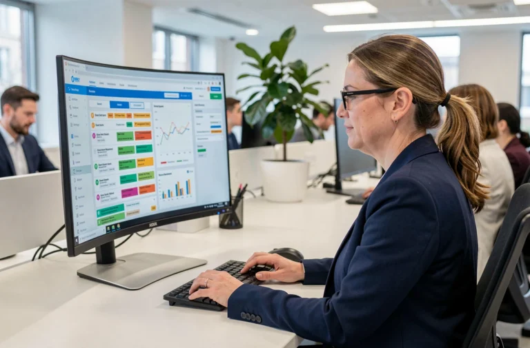 Professionnelle en entreprise consultant un tableau de bord de gestion des incidents sur un écran incurvé dans un open space moderne