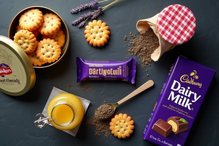 Sélection de gourmandises britanniques en flat lay : shortbread, marmelade, chocolat Cadbury et thé Darjeeling sur ardoise