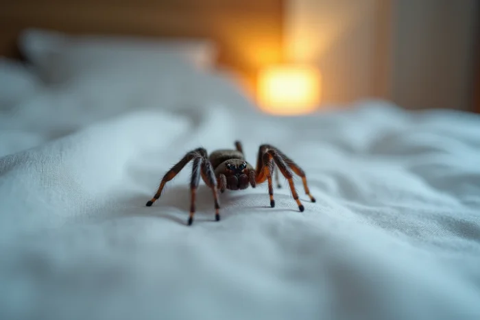 Gros plan d'une araignée posée sur un drap blanc de lit la nuit avec détails réalistes