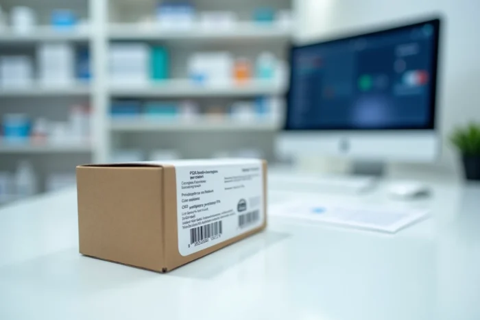 Gros plan sur le code CIP à 13 chiffres imprimé sur une boîte de médicament posée sur un comptoir de pharmacie