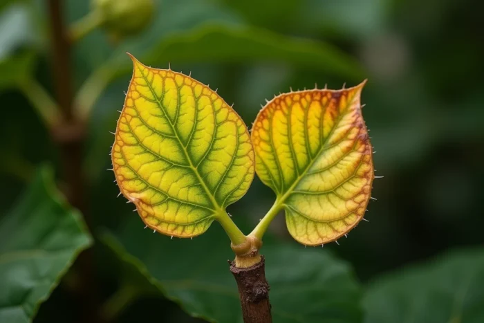 Gros plan sur des feuilles de figuier jaunissantes montrant chlorose et bords bruns desséchés
