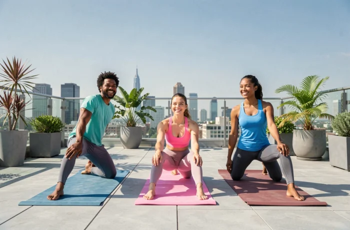 Gruppo di amici che fanno stretching su un rooftop urbano, illustrando le notizie sportive e le buone pratiche per rimanere in forma