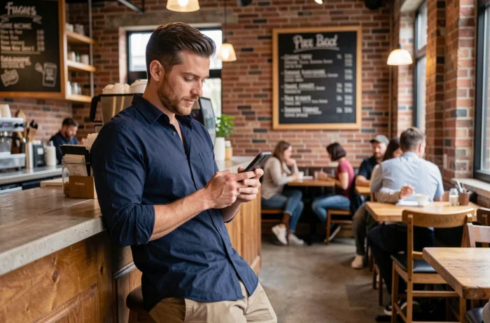 Jeune homme consultant les actualités du site Owly Mary sur smartphone dans un café urbain moderne
