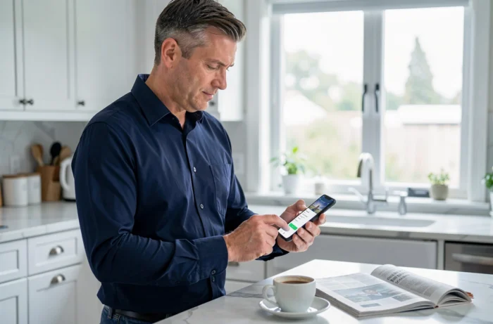 Homme consultant son application bancaire mobile sur smartphone dans une cuisine moderne