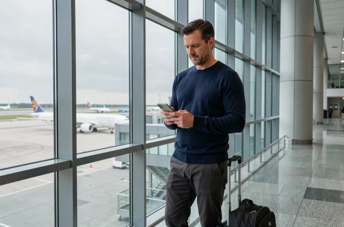 Homme consultant une application de voyage dans un terminal d'aéroport moderne avant son départ