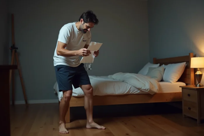 Homme capturant une araignée dans un verre la nuit dans sa chambre à coucher de façon calme et sécurisée