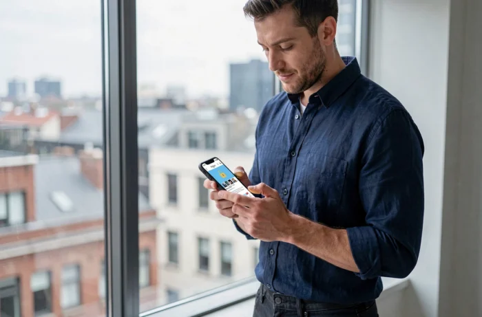 Homme vérifiant les paramètres de confidentialité de son compte Instagram privé depuis un appartement avec vue sur la ville