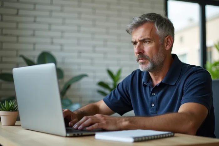 Homme créant un devis en ligne sur ordinateur portable dans un bureau à domicile