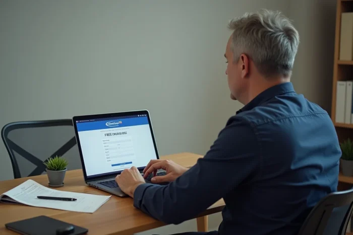 Homme inscrivant une demande de boîte postale gratuite en ligne depuis son bureau à domicile