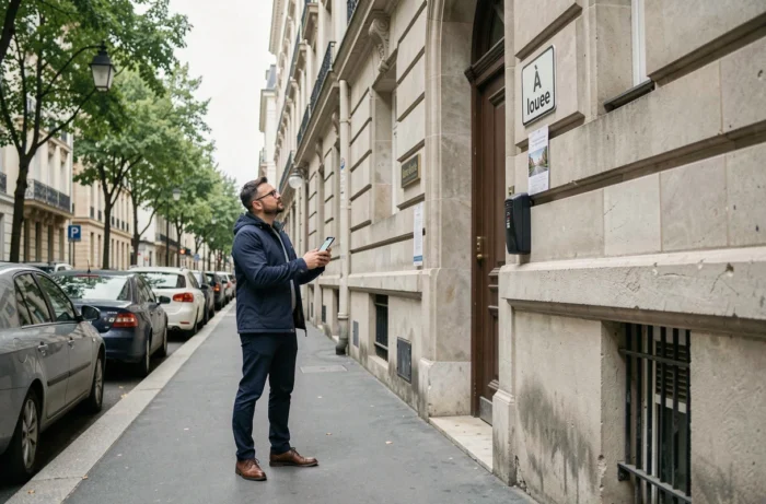 Homme devant un immeuble avec panneau à louer cherchant un appartement en ville