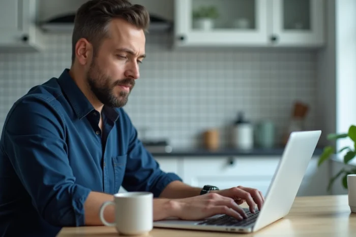 Homme recherchant son code spécifique Action Logement dans ses emails sur un ordinateur portable