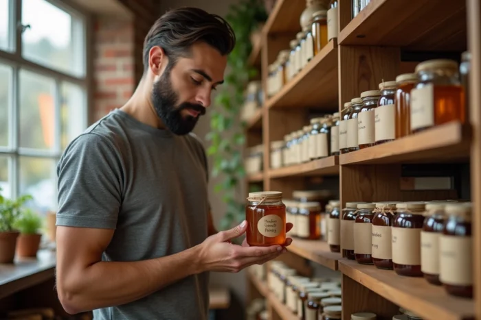 Homme lisant l'étiquette d'un pot de miel local dans une épicerie bio indépendante