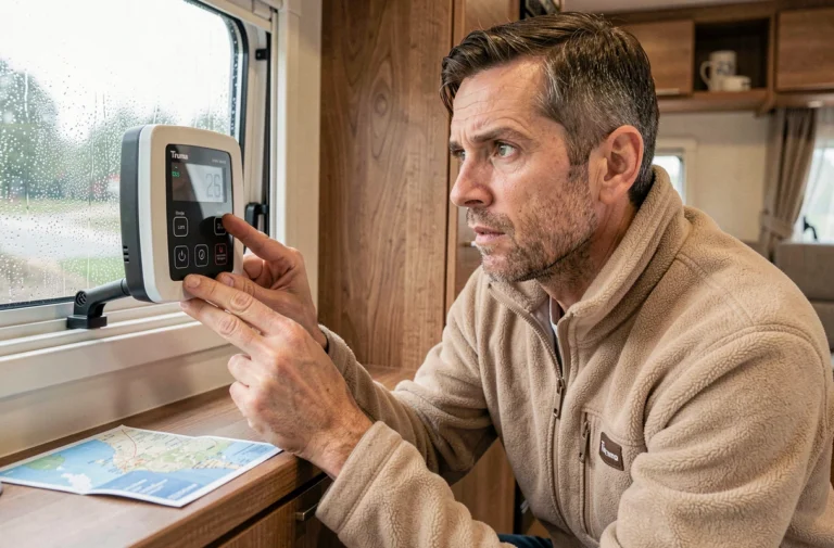 Homme examinant un panneau de contrôle Truma cp plus dans l'intérieur d'un camping-car