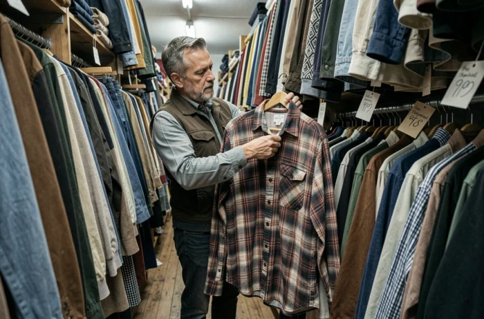Homme parcourant des vêtements dans une friperie vintage, astuces pour trouver de bonnes affaires en seconde main