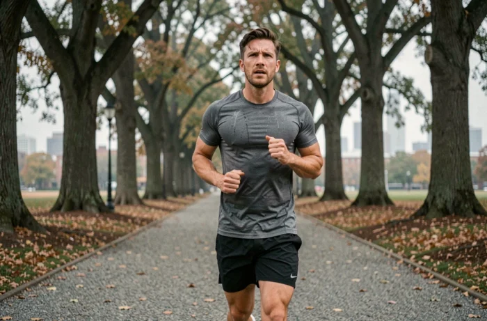 Homme en train de courir dans un parc urbain pour brûler des calories et perdre un kilo en une semaine