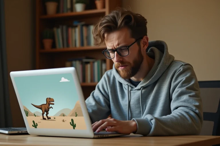 Jeune homme concentré jouant au jeu du dinosaure Google Chrome sur son ordinateur portable à son bureau