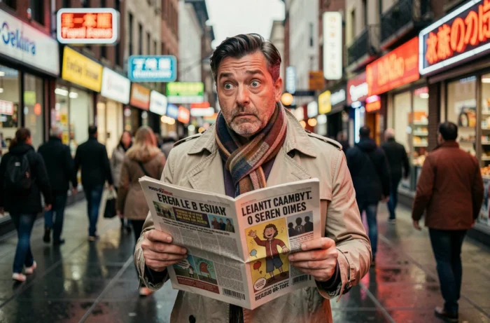 Homme d'âge moyen surpris par des titres insolites dans un journal tabloid en pleine rue urbaine animée