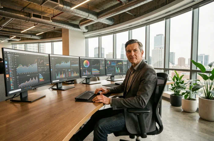 Homem trabalhando em várias telas com interfaces de inteligência artificial em um escritório moderno