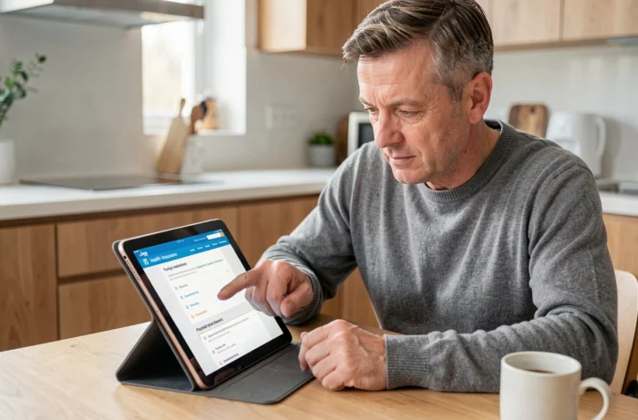 Homme d'âge mûr naviguant sur un site de mutuelle via un sitemap sur une tablette dans une cuisine moderne