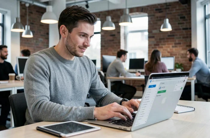 Jonge professionele man die vacatures bekijkt op een computer in een modern coworking-ruimte