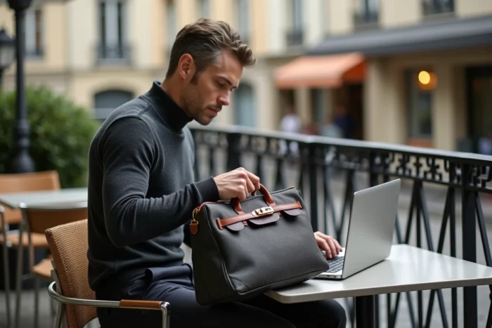 Homme parisien élégant posant un sac Hermès Evelyne d'occasion en toile graphite sur une terrasse de café