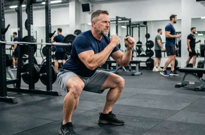 Uomo muscoloso che esegue squat in una palestra moderna, rappresentante i consigli fitness e le notizie sportive