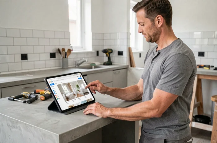 Homme consultant une plateforme de rénovation en ligne sur tablette dans une cuisine en cours de travaux