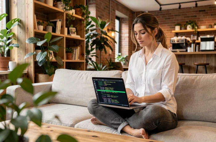 Software-Ingenieurin, die automatisierte Testprotokolle auf ihrem Laptop in einem Coworking-Space konsultiert