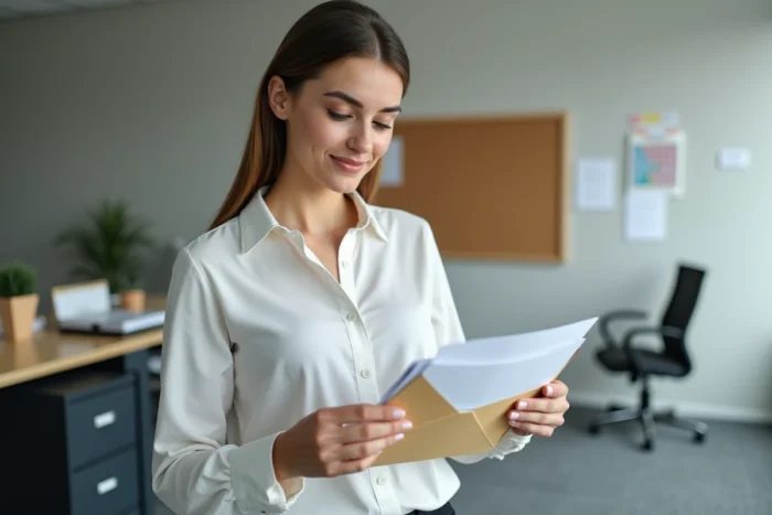 Jeune femme ouvrant un courrier administratif pour trouver son code spécifique Action Logement