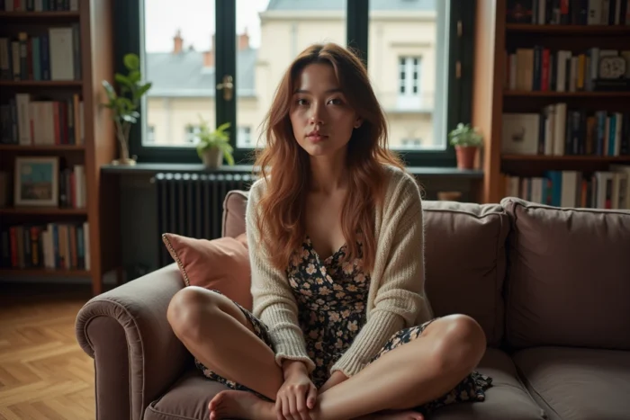 Jeune femme élégante assise dans un salon parisien chaleureux rempli de livres, portrait éditorial évoquant Natacha Gainsbourg