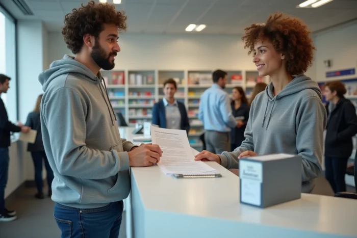 Jeune homme demandant une boîte postale gratuite au guichet d'un bureau de poste