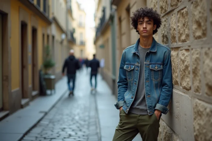 Jeune homme dans une ruelle parisienne pavée, portrait de style documentaire évoquant la nouvelle génération Gainsbourg