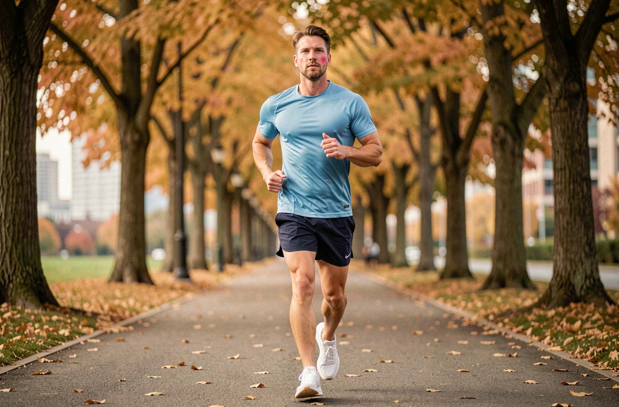 Homme faisant du jogging en plein air dans un parc en automne pour intégrer l'exercice physique dans sa routine bien-être