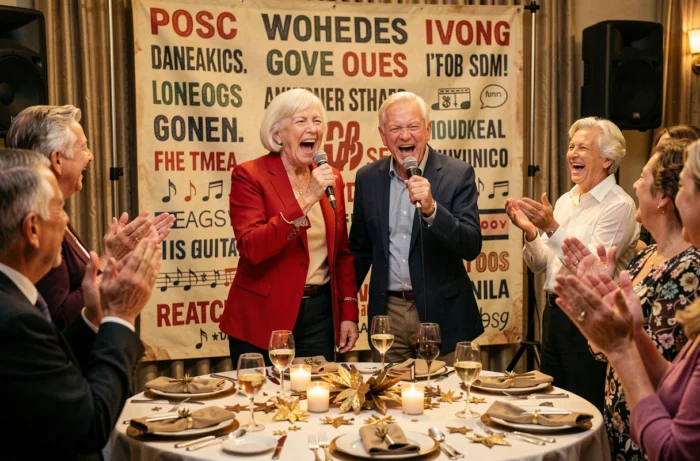 Un couple de seniors chantant en duo au karaoké des chansons de leur époque lors d'une fête d'anniversaire entouré de leurs proches