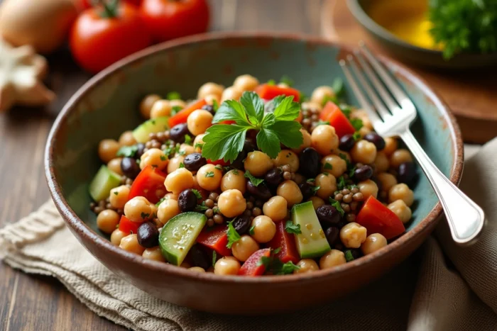 Salade de légumineuses colorée avec pois chiches, lentilles, haricots noirs, tomates et persil frais dans un bol en céramique