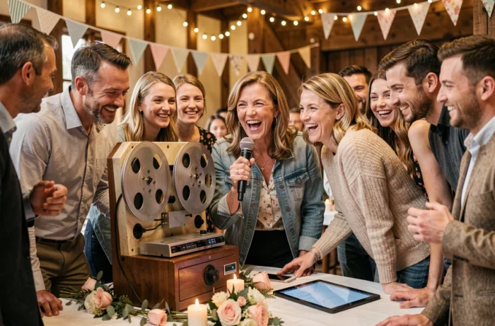 Des invités enregistrant des messages audio décalés dans un livre d'or sonore lors d'une fête d'anniversaire de mariage