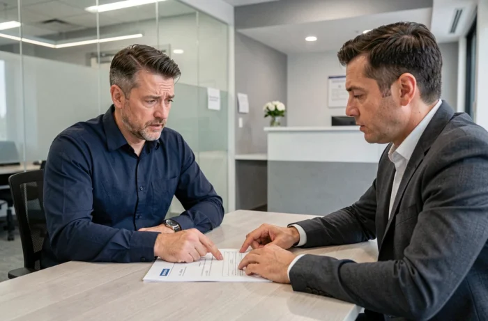 Locataire discutant d'une erreur sur sa quittance de loyer avec un gestionnaire immobilier